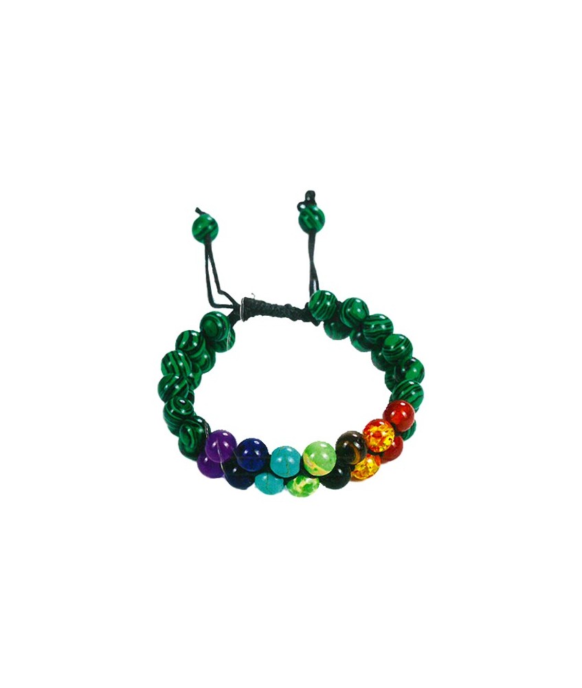 TRI.PULSERA DOBLE MALAQUITA 7 CHAKRAS BOLA 8 MM.
