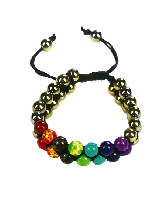 TRI.PULSERA DOBLE GOLDEN PIRITA 7 CHAKRAS BOLA 8 MM.