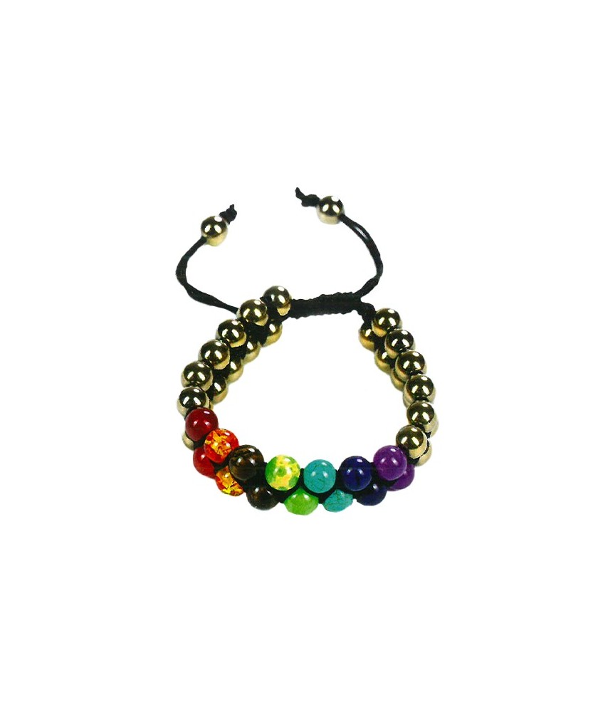 TRI.PULSERA DOBLE GOLDEN PIRITA 7 CHAKRAS BOLA 8 MM.