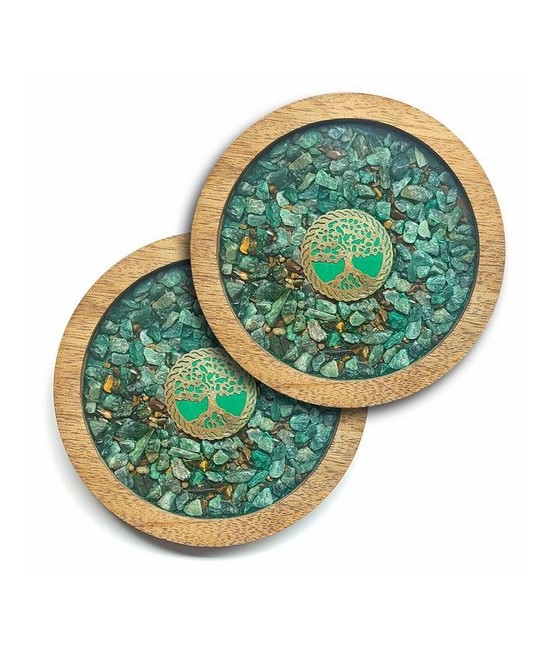 Set de 2 posavasos de madera con sobre de cristal con símbolo del Arbol de la Vida y minerales de Aventurina y Ojo de Tigre.
