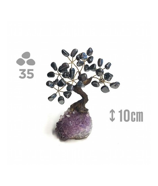 Árbol compuesto de 35 piedras de Hematite (de 1cm aprox).

Base de drusa de Amatista.

Medida: 10cm de alto aprox.