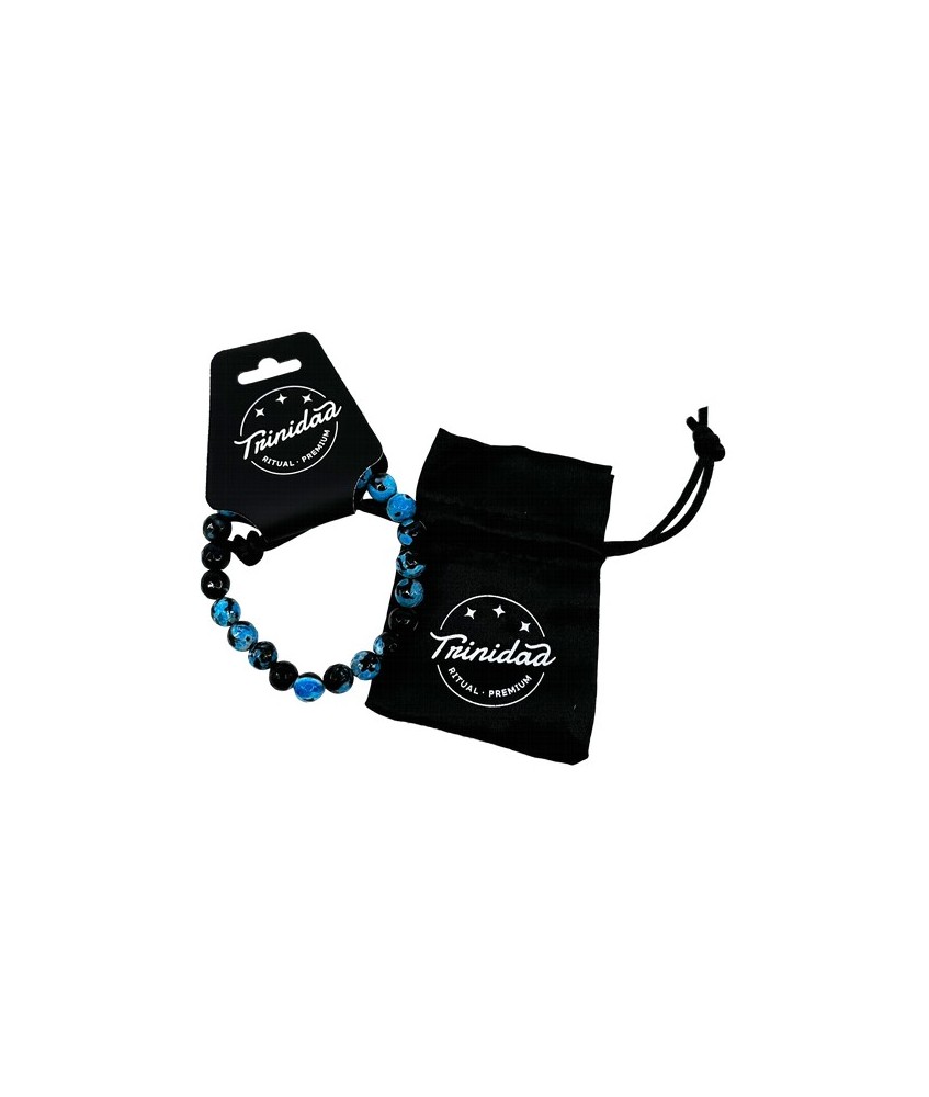 TRI.PULSERA AGATA NEGRA TEÑIDA CELESTE BOLA 8 MM.