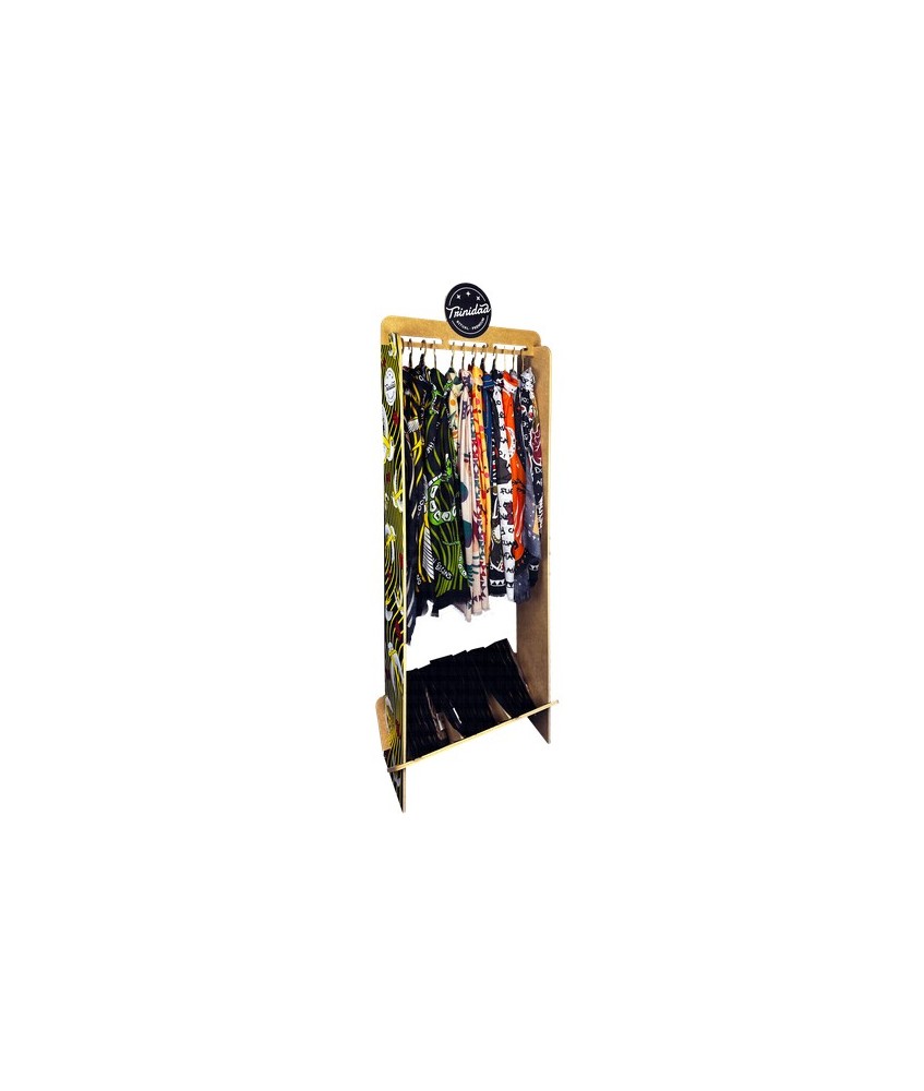 1 expositor de madera.
12 perchas para 12 modelos diferentes de  pashminas.
4 pashminas Ojo Turco.
4 pashminas Palo Santo.
