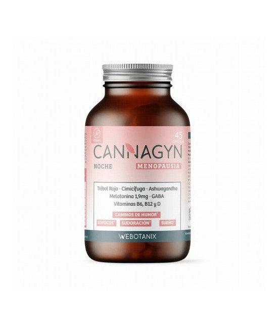 Cannagyn Noche es un complemento alimenticio formulado para apoyar a las mujeres durante la etapa de la menopausia, ayudando a 