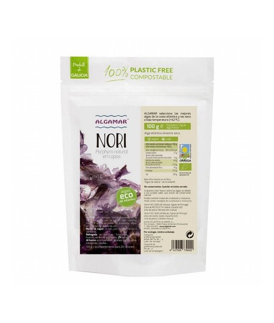 Alga nori en copos Bio 50g Algamar
Denominada Porphyra natural u "ovo marina", esta verdura de mar es la comúnmente conocida c