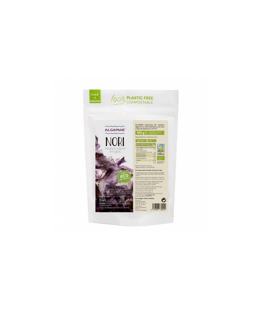 Alga nori en copos Bio 50g Algamar
Denominada Porphyra natural u "ovo marina", esta verdura de mar es la comúnmente conocida c