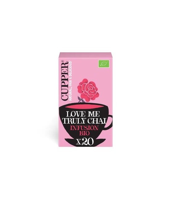
INFUSION LOVE ME TRULY CHAI BIO, 20 BOLSAS
Ref. 604057

Ingredientes: canela* 47%, semillas de hinojo*, raíz de jengibre* 