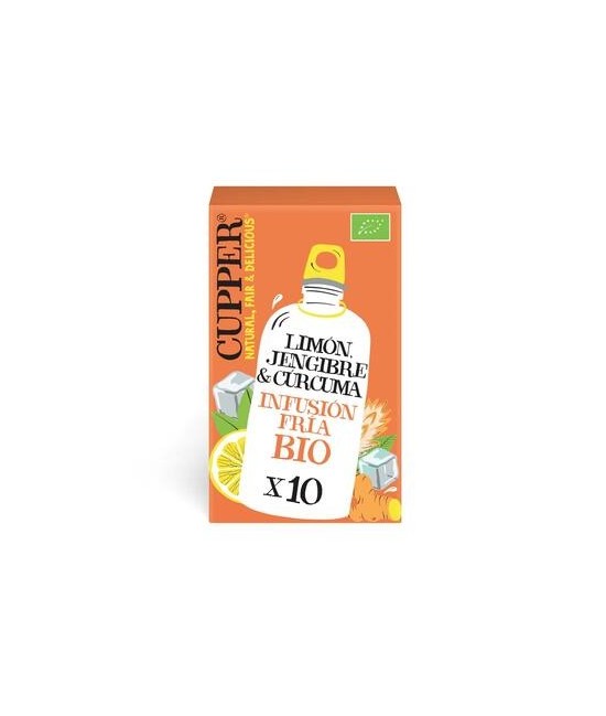 INFUSION FRIA CON LIMON, JENGIBRE Y CURCUMA BIO, 10 BOLSAS
Ref. 604075

Ingredientes: Raiz de jengibre* 38%, citronella (Cym