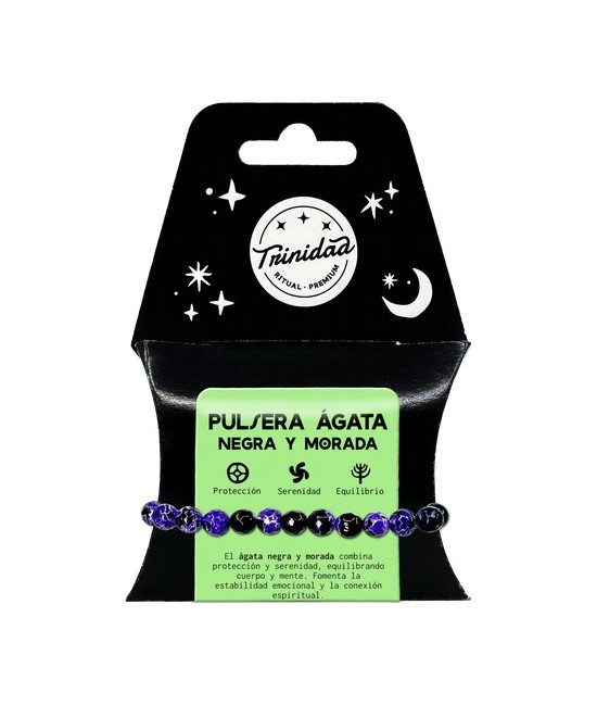 TRI.PULSERA AGATA NEGRA TEÑIDA MORADA BOLA 8 MM.
