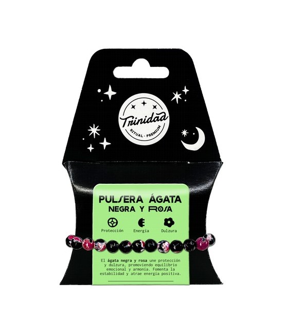 TRI.PULSERA AGATA NEGRA TEÑIDA ROSA BOLA 8 MM.