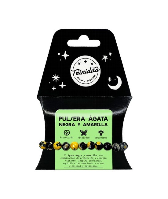 TRI.PULSERA AGATA NEGRA TEÑIDA AMARILLA BOLA 8 MM.