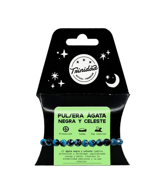 TRI.PULSERA AGATA NEGRA TEÑIDA CELESTE BOLA 8 MM.