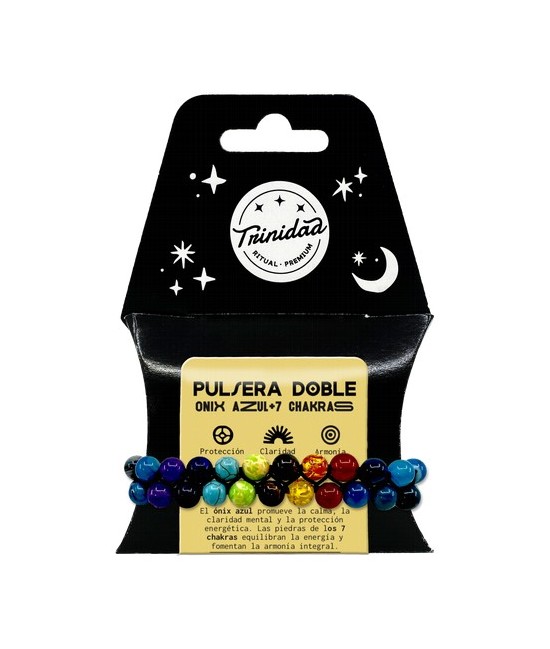 TRI.PULSERA DOBLE ONIX AZUL 7 CHAKRAS BOLA 8 MM.