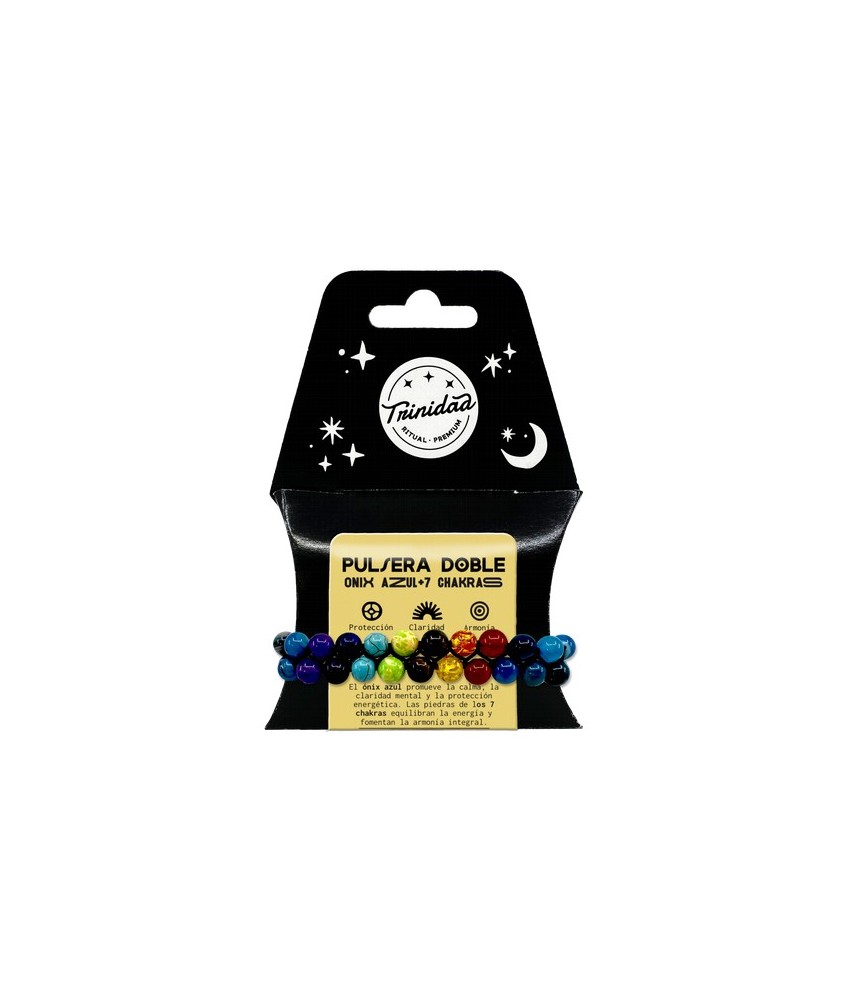 TRI.PULSERA DOBLE ONIX AZUL 7 CHAKRAS BOLA 8 MM.