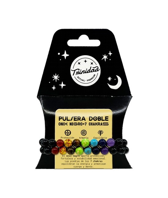 TRI.PULSERA DOBLE ONIX NEGRO 7 CHAKRAS BOLA 8 MM.