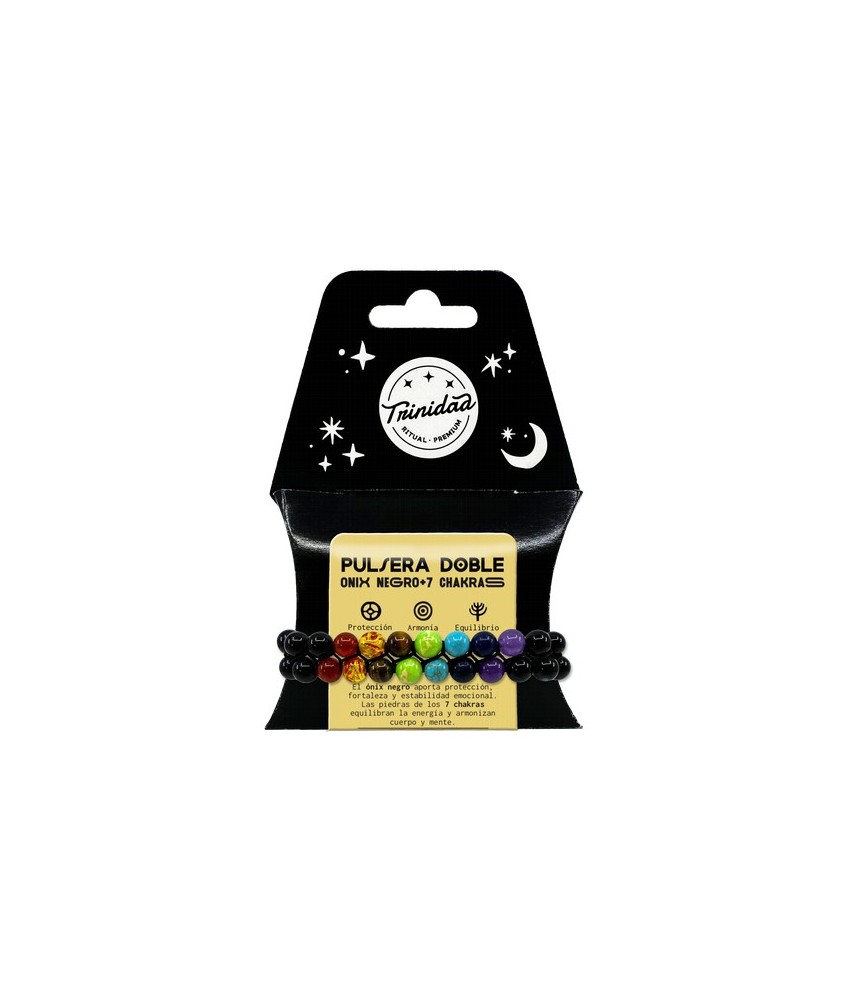 TRI.PULSERA DOBLE ONIX NEGRO 7 CHAKRAS BOLA 8 MM.