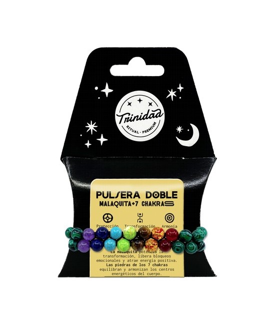 TRI.PULSERA DOBLE MALAQUITA 7 CHAKRAS BOLA 8 MM.