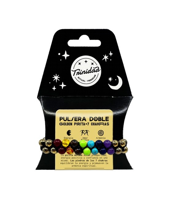 TRI.PULSERA DOBLE GOLDEN PIRITA 7 CHAKRAS BOLA 8 MM.