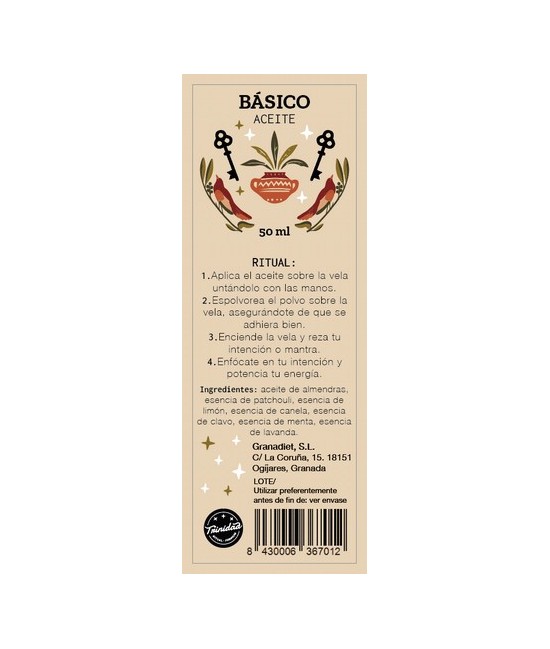 Aceite ritual elaborado con almendras, esencias de canela, sándalo y limón. Ideal para ungir velas y facilitar la adhesión de p