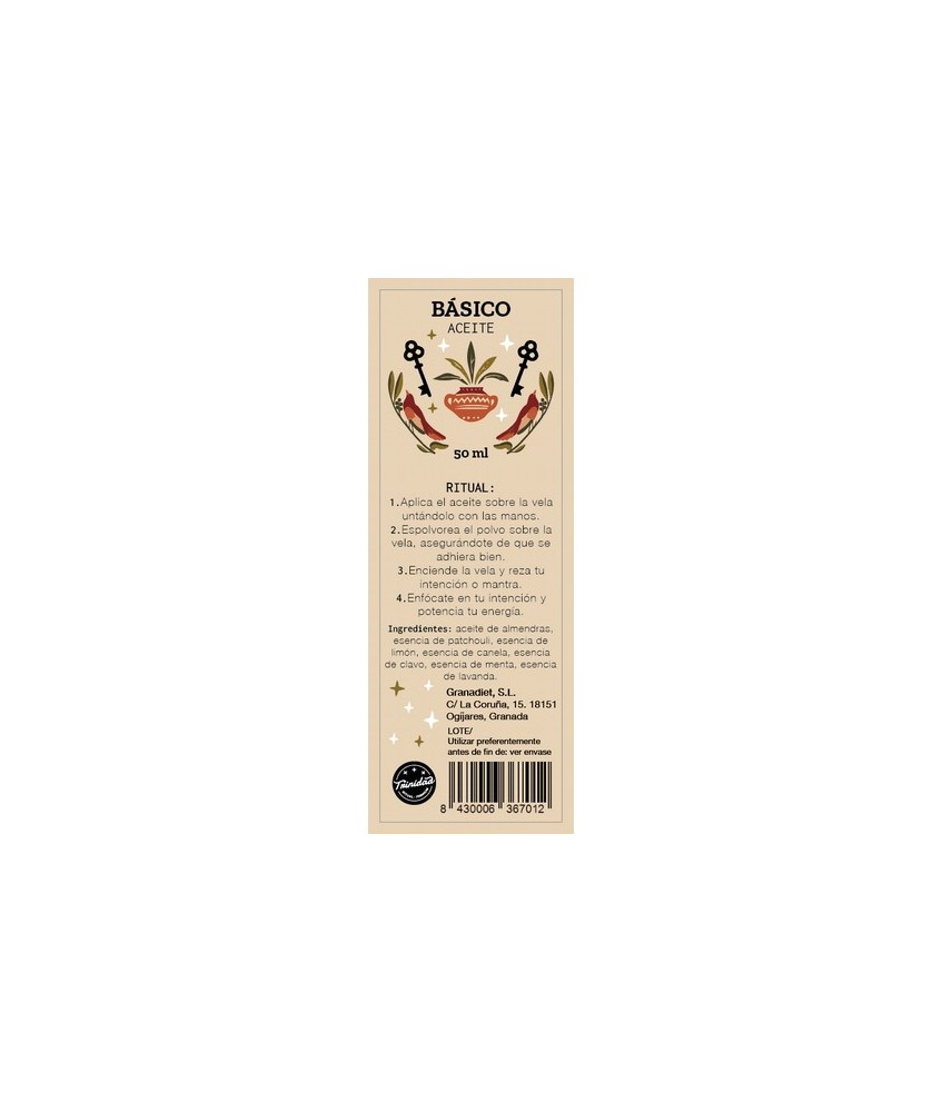 Aceite ritual elaborado con almendras, esencias de canela, sándalo y limón. Ideal para ungir velas y facilitar la adhesión de p