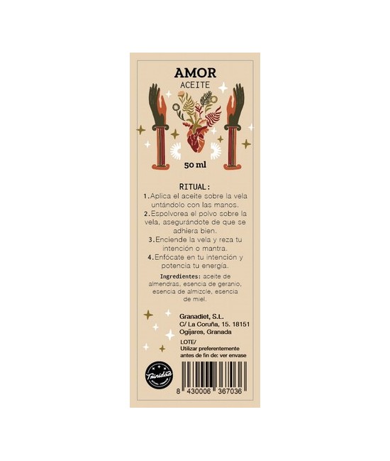 Aceite ritual elaborado con almendras, esencias geranio, almizcle y miel. Ideal para ungir velas y facilitar la adhesión de pol