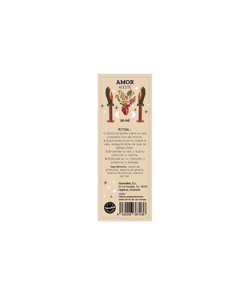 Aceite ritual elaborado con almendras, esencias geranio, almizcle y miel. Ideal para ungir velas y facilitar la adhesión de pol