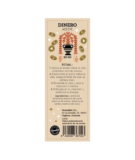 Aceite ritual elaborado con almendras, esencias de laurel, menta, canela y clavol. Ideal para ungir velas y facilitar la adhesi