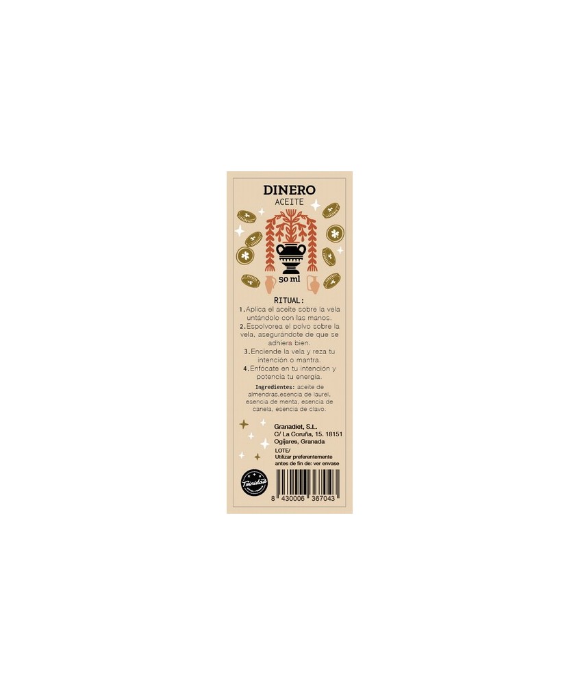 Aceite ritual elaborado con almendras, esencias de laurel, menta, canela y clavol. Ideal para ungir velas y facilitar la adhesi