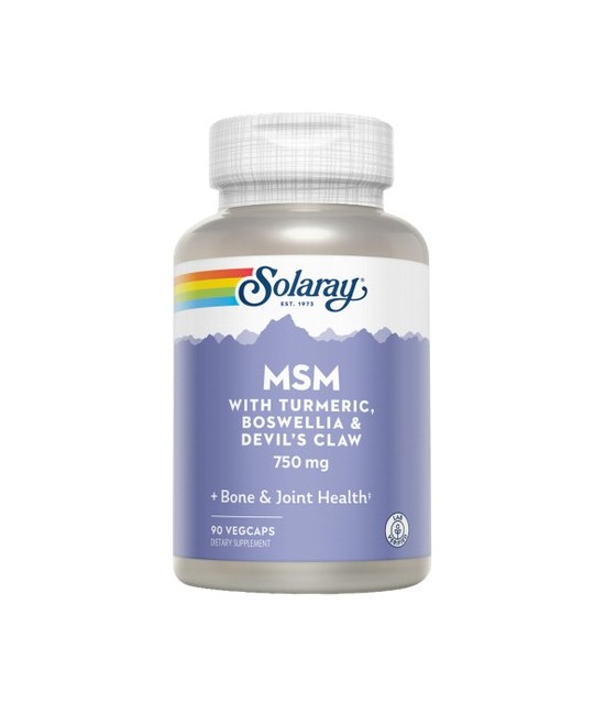 MSM with Turmeric, Boswellia & Devil's Claw & Harpago 750 mg - 90 Vegcaps.
Contenido medio (por VegCap)
MSM (metilsulfonilmet