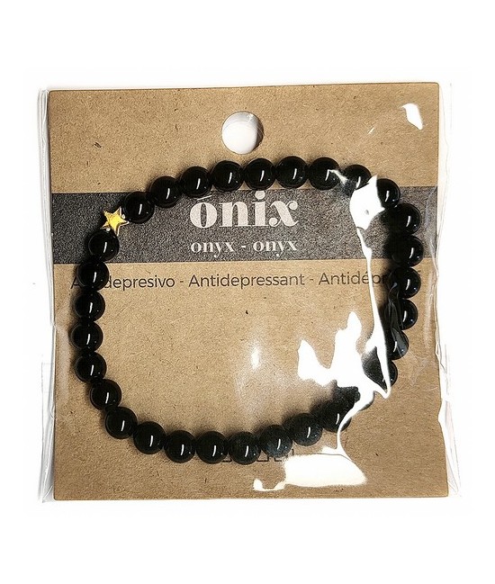 Pulsera de Ónix( bolas de 6mm) con símbolo de estrella dorada.

En goma elástica.

Tarjeta exclusiva en 3 idiomas.