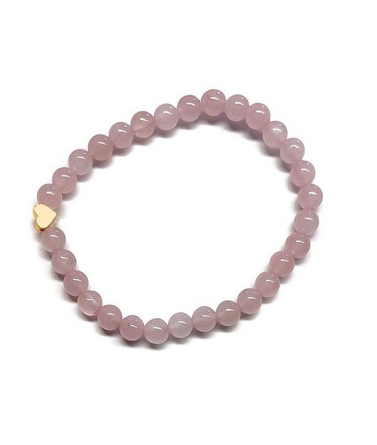 Pulsera de Cuarzo Rosa (bolas de 6mm) con símbolo de corazón dorado.

En goma elástica.

Tarjeta exclusiva en 3 idiomas.