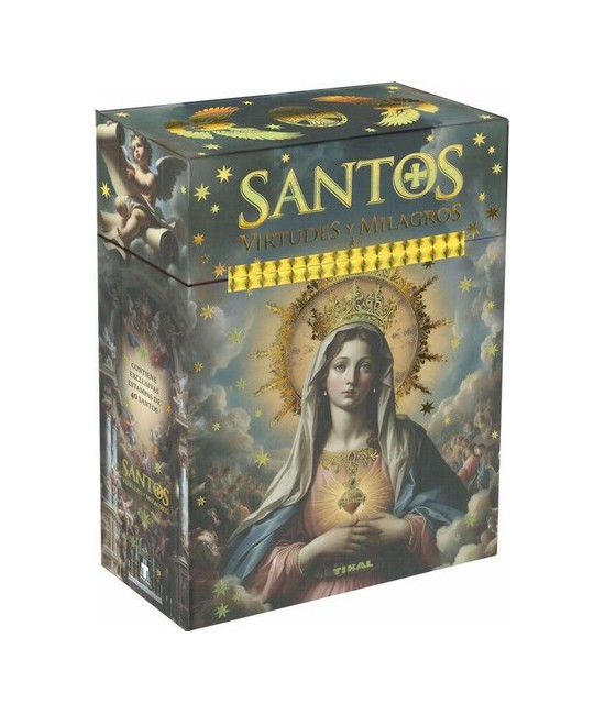 Caja que contiene 40 estampas de santos del cristianismo, representados en hermosas obras pictóricas, además de un libro de 80 