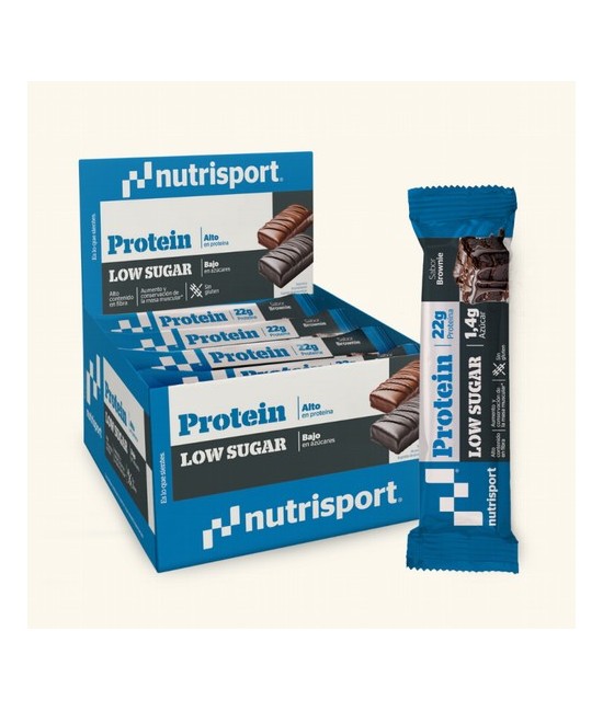 La barrita Protein Low Sugar sabor Brownie es una barrita de 60g con un alto contenido en proteína (22g) y muy poca azúcar (1,4
