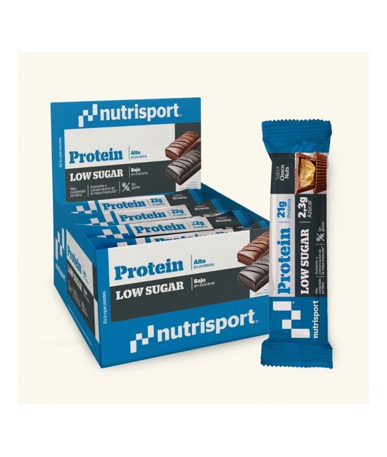 La barrita Protein Low Sugar sabor Choco Nuts es una barrita de 60g con un alto contenido en proteína (21g) y muy poca azúcar (