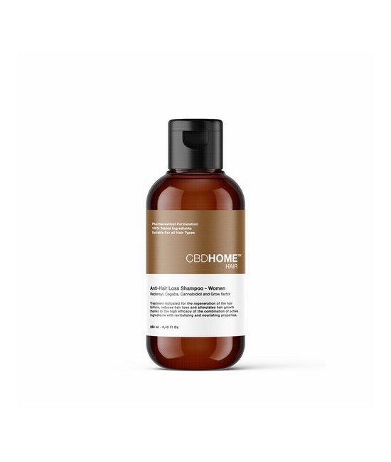 Este Champú Anticaída para Mujer, en formato de 250 ml,  es un tratamiento con CBD, Cegaba, Redensyl y Factores de Crecimiento 