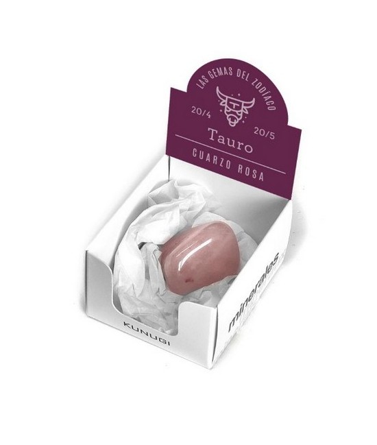 Caja que contiene gema de Cuarzo Rosa de 3-4 cm aprox.

El signo del zodíaco que representa el Cuarzo Rosa es Tauro.

Medid