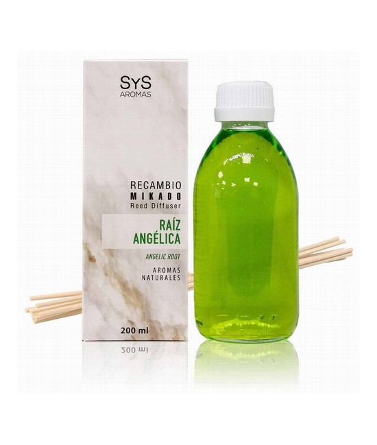 Nuestro Recambio Mikado Raíz Angélica 200 ml + Palos de la Colección Mármol de SYS Aromas aporta a cualquier estancia una fraga
