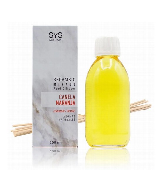 Nuestro Recambio Mikado Canela-Naranja 200 ml + Palos de la Colección Mármol de SYS Aromas combina la frescura de los cítricos 
