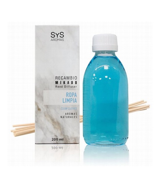 Nuestro Recambio Mikado Ropa Limpia 200 ml + Palos de la Colección Mármol de SYS Aromas llena cualquier estancia de una fraganc