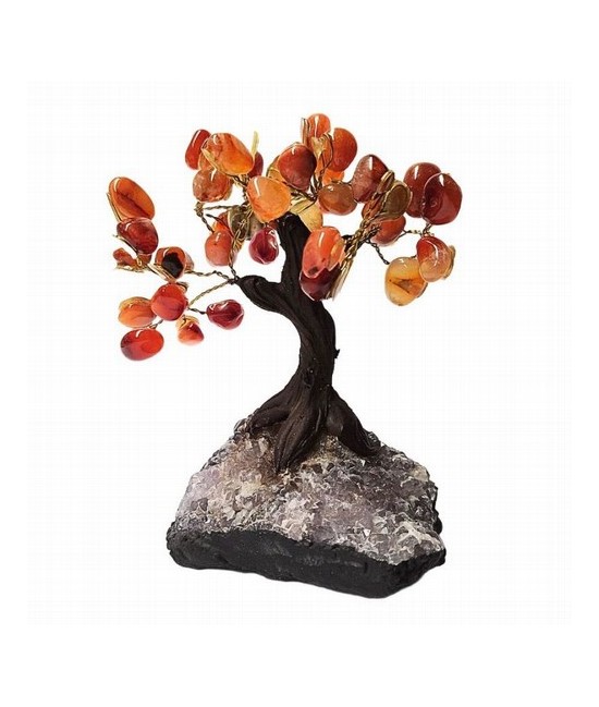 Árbol compuesto de unas 45 piedras de Ágata Carneola (de 1cm aprox).

Base de drusa de Amatista.

Medida: 12 cm de alto apr