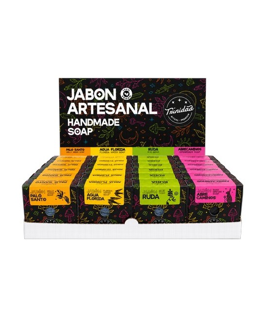 Caja expositora de 24 jabones faciales artesanales elaborados con base de glicerina y esencias aromáticas inspiradas en el bien