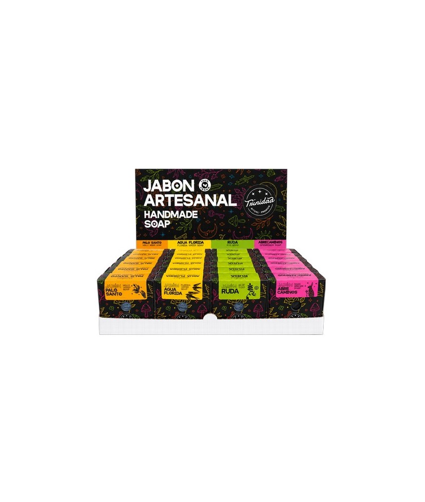 Caja expositora de 24 jabones faciales artesanales elaborados con base de glicerina y esencias aromáticas inspiradas en el bien