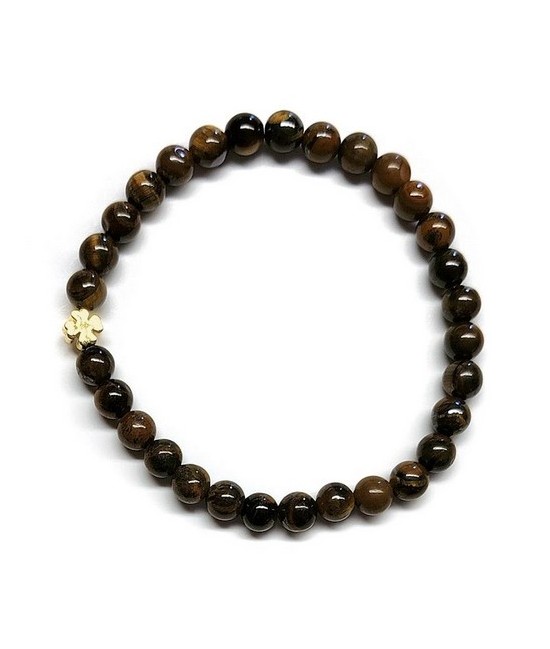 Pulsera de Ojo de Tigre (bolas de 6mm) con símbolo de trébol dorado.

En goma elástica.