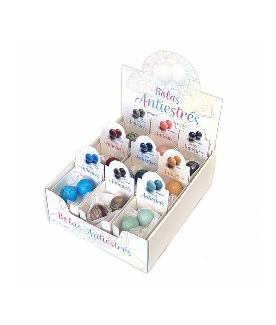 Caja con 2 bolas de aventurina rojas antiestrés para la caja de exposición.

Las pelotas antiestrés minerales, al igual que l