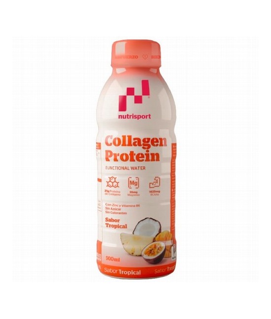 Protein Collagen Tropical 500 ml. de Nutrisport es una bebida refrescante con 21 g de colágeno hidrolizado, 20 g de proteínas y