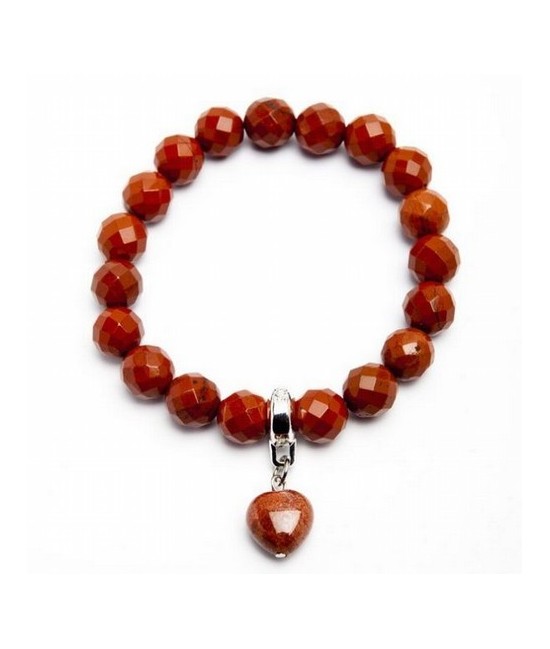Pulsera Jaspe Rojo Bola 10mm Facetada con Colgante Corazón.
