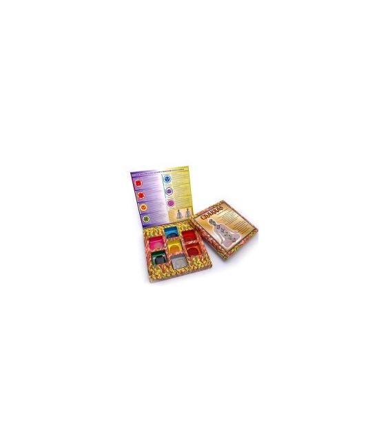 Set de los 7 chakras presentados en estuche de cartón con especificaciones de uso y significado.

Chakra significa "rueda" en