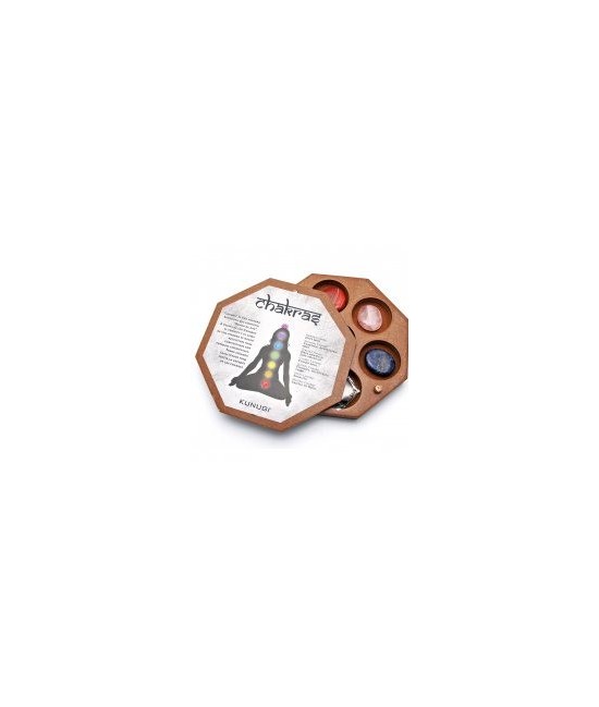 Set con los minerales de los 7 chakras presentados en exclusiva caja de madera y tarjetón explicativo.

Chakra significa "rue
